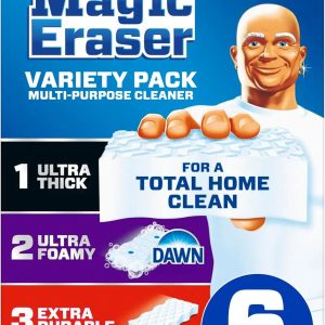 Mr. Clean Magic Eraser Sponge. All Purpose Cleaner. Cleaning Scrubber. Kitchen. Bathroom. Shower. Oven. Cleaning Supplies. Variety Pack with 1 Ultra Thick. 2 Ultra Foamy. & 3 Extra Durable. 6ct